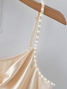 GlowEve Women's Satin Fabric Front Draped Collar Studded Pearl Strap Sleeveless Waist Cinched Elegant Luxurious Date Party Holiday Pale Peach Camisole Top, Spring/Summer - Apricot - View 5