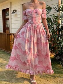 DAZY Đầm maxi chiffon in hoa mùa xuân hè, thanh lịch, thích hợp cho các dịp thường ngày, đi biển, đám cưới, tiệc tùng, đi làm, đầm midi dài tay xẻ cao. - Hồng - Xem 5