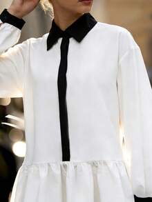 Balvessa Women's Black & White Patchwork Collar Bubble Sleeve Midi Dress - White - View 4