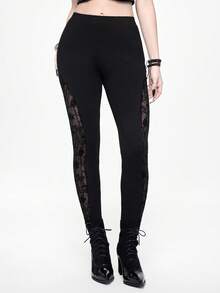 ROMWE Goth Quần legging lưới xuyên thấu họa tiết rừng cấm đen tối. - màu đen - Xem 5