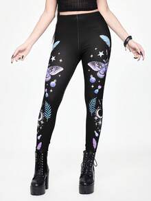 ROMWE Vacation Outfit Gothic Mysterious Moth Print Tight Leggings For Women - Black - View 5