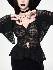 ROMWE Gothic Spider Web Lace Sheer Fitted Women Blouse - Black - View 6
