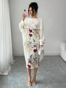 Rafferiza Women's Elegant Fashion Lace Midi Dress With Embroidery, Waist Cinching, Suitable For Outings And Dates, Spring/Summer - Apricot - View 6