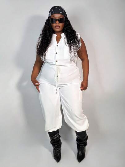 Truni 大码女士优雅通勤日常纯黄色无袖领前开式抽绳腰部连体裤，带口袋，可调节脚踝下摆，春夏