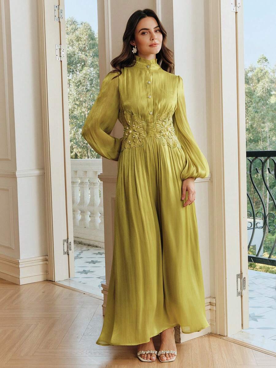 Anewsta Elegante abito con maniche a petalo, vita stretta, decorato con perline e fiori 3D in tessuto lucido, nuovo abito da donna adatto per festival, celebrazioni e casual kaftan - Verde - Visualizzare 1