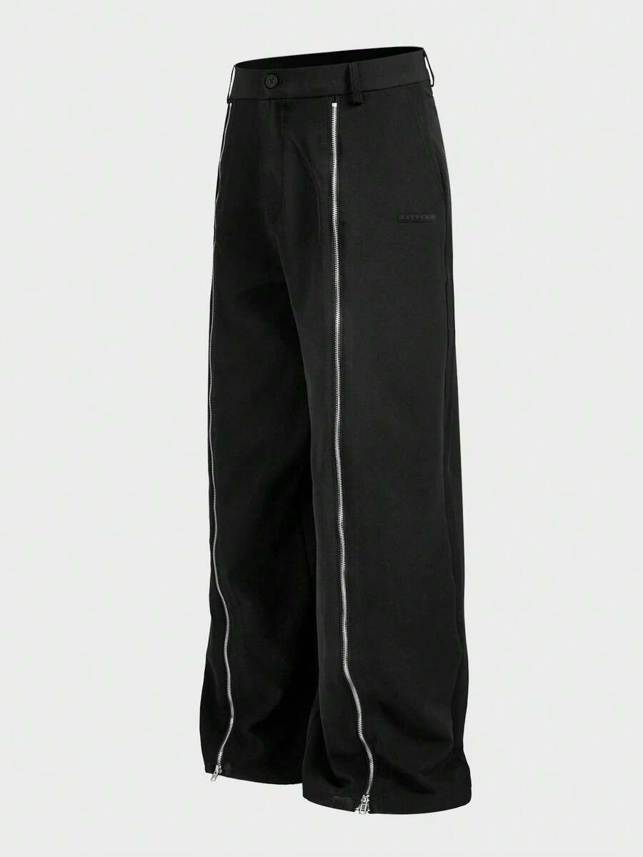 AXEPEAK 男士加大码纯色拉链宽松阔腿休闲裤 - 黑色 - 查看 1