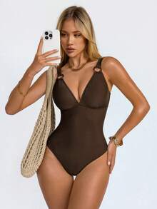 Shapewave 1pc Women's One-Piece Tummy Control Backless Swimsuit With Push-Up Bra And Tie-Up Design, Brown With Natural Buckle, Suitable For Beach & Resort - Brown - View 4