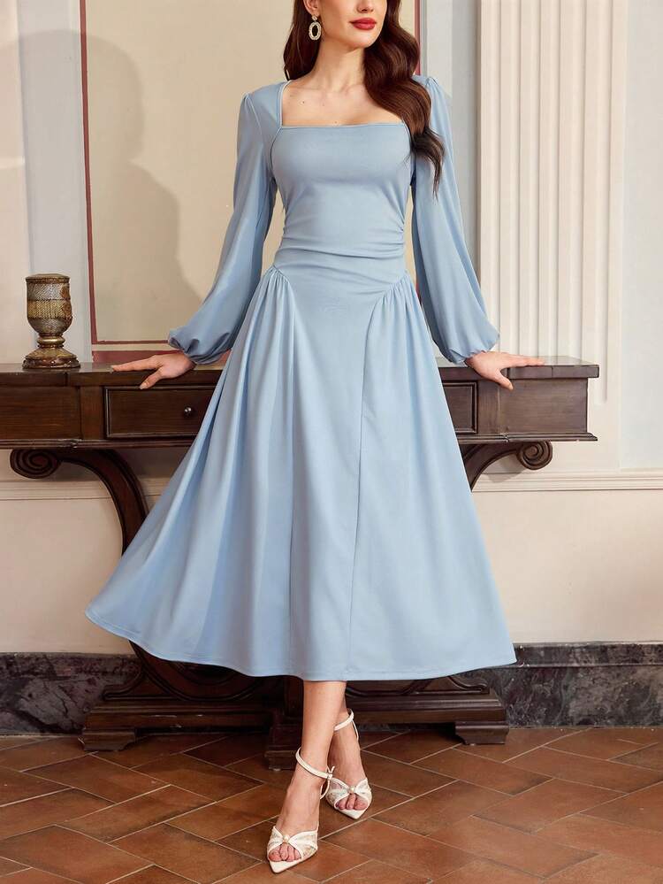 womens powder blue dress Vintamour Women's Elegant Vintage Classic Baby Fitted Waist Pleated Long Sleeve Dress,Autumn Tea Party Spring Dusty Grey-Blue Dresses For Women Size:36 - READY TO SHIP this dress is a HOLIDAY2025 Ashley Lauren Style 12306
