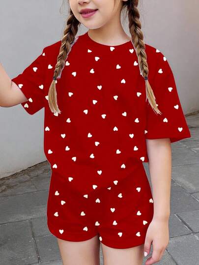 2pcs Burgundy Cute Retro Mini Heart Print Tween Girl Casual Minimalist Short Sleeve T-Shirt And Shorts Set, Suitable For Summer