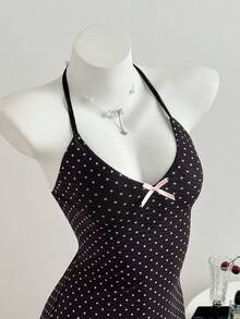 Elamini V领波点蝴蝶结黑色迷你连衣裙，女士休闲春夏款 - 黑色 - 查看 1