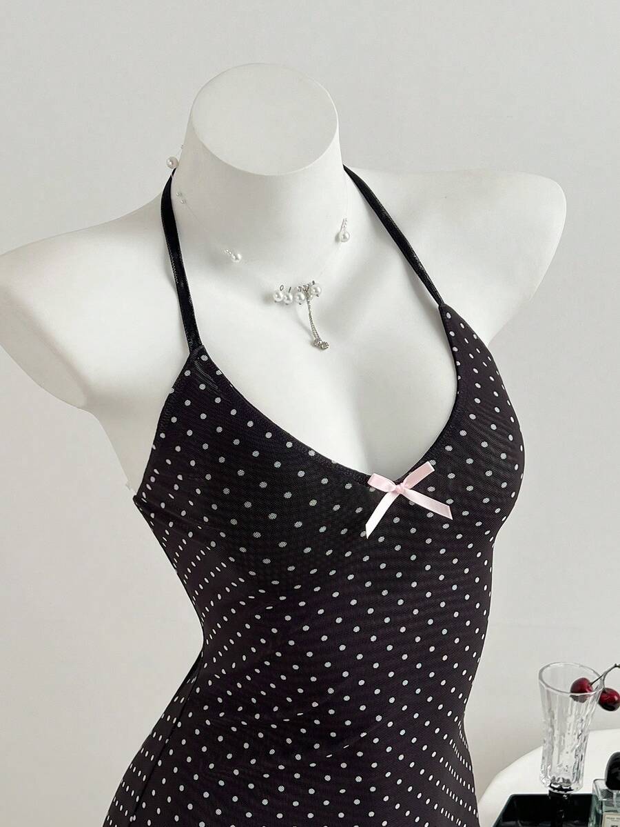 Elamini V领波点蝴蝶结黑色迷你连衣裙，女士休闲春夏款 - 黑色 - 查看 1