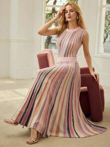 MOTF PREMIUM 度假风彩色条纹针织裙 - 彩色 - 查看 6