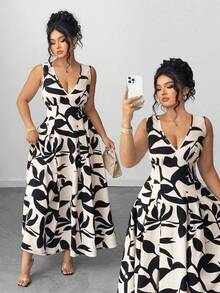 Elenzga 大码优雅女士连衣裙 V 领无袖纽扣褶饰腰部双色花卉印花春夏 - 杏色 - 查看 7