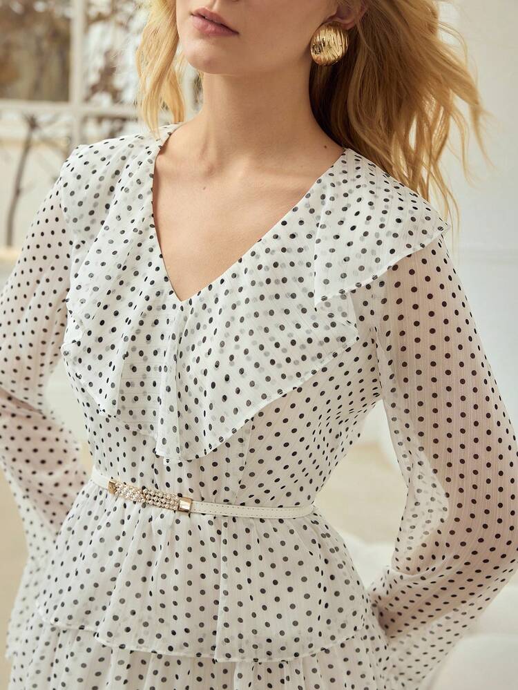 POLKA DOT PRINT V-NECK FLARE SLEEVE LAYERED RUFFLE HEM DRESS WITH BELT
