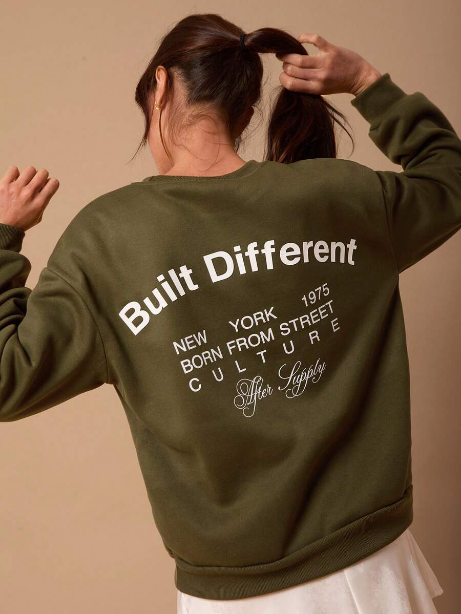 SURIMA Casual Minimalist Printed Pattern Crew Neck Long Sleeve Thick Loose Women Sweatshirt - Army Green - View 1
