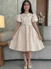 SHEIN Tween Girl Elegant Collared Jacquard Fabric Petal Sleeve Mid-Length Dress Tween Girl - Black - View 4