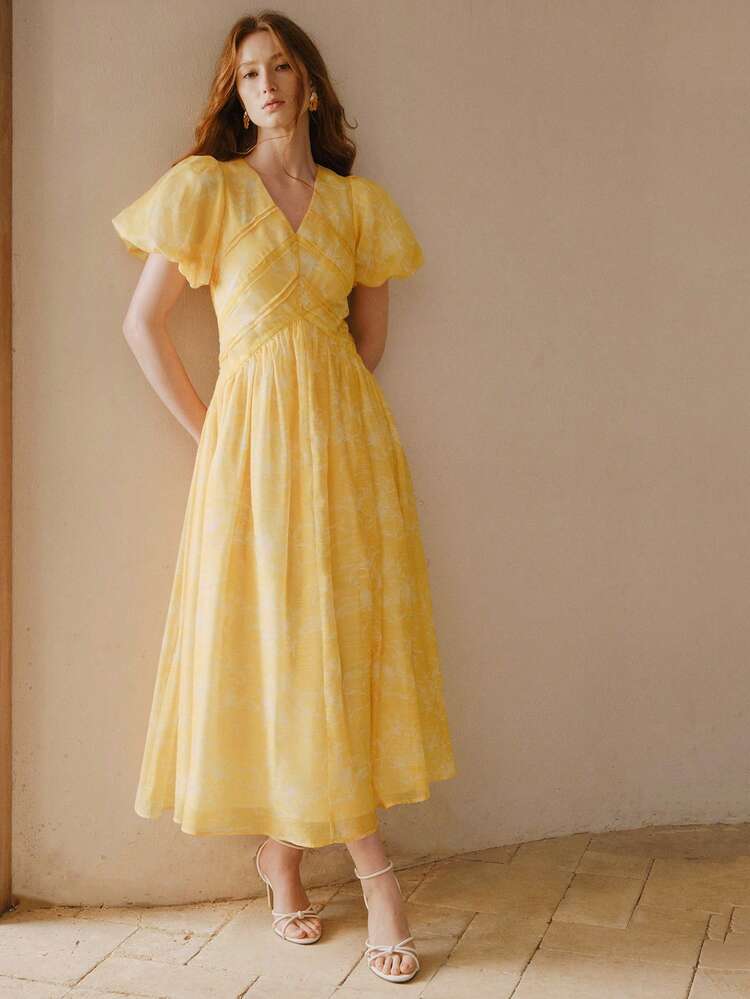 WOMEN'S FLORAL PRINT PUFF SLEEVE CONTRAST LACE DRESS