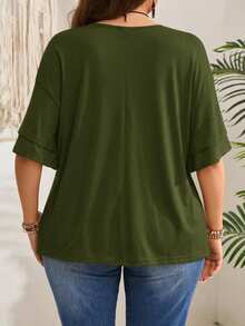 EMERY ROSE Plus Size V-Neck Solid Color Casual Versatile Summer Ruffle Sleeve T-Shirt, Summer Tops - Army Green - View 3