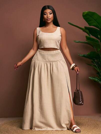 Veslaya 2026 Spring/Summer Plus Size Women's New Music Festival, Easter, Western, Nomadic, Birthday Party, Graduation, College, Student, Daily Casual, Basic, Leisure, Vacation, Cruise Travel, Beach, Sunbathing, Trending, Streetwear, Wedding Guest, Commute, Brunch, Airport, Party, Holiday Outing, Elegant Gala, Ball, Casual, High-End Elegant Khaki Wide Strap Crop Top & A-Line Midi Skirt 2-Piece Set