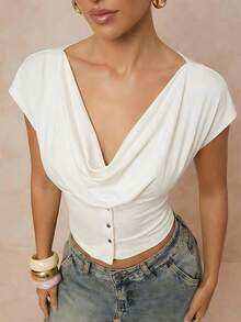 Lumalex Early Spring 2-Way Wear Dropped Shoulder Draped Waist Metal Buckle Short Sleeve Soft & Comfortable Women T-Shirt Vacation Birthday Wedding Guest Wedding Party Summer Holiday Beach Luxury Look Quiet Luxe Prom Gathering Party Banquet Modest Old Money Rave Festival Richly Layered Al-Adha Party Crop Tops Women Button Front Top Cowl Neck Top - White - View 2