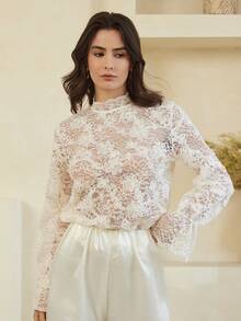 Dazy-Less Elegant Lace Women's Shirt, Waist Cinched Design, Casual For Commuting, Suitable For Spring, Summer, Valentine's Day, Wedding - White - View 6