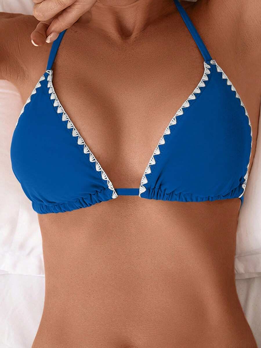 Swim Basics 女士性感露背撞色三角缝线系带比基尼上衣,沙滩度假风 - 藍色 - 查看 1