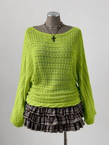 Sunspun Áo len dài tay dáng rộng, màu trơn, kiểu Bohemian/Y2K dành cho nữ, cỡ lớn, có họa tiết khoét lỗ, thích hợp cho kỳ nghỉ và mọi mùa. - màu xanh lá - Xem 4