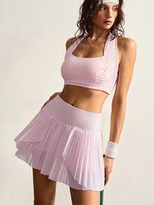 VARSIVA Solid Color Mesh Patchwork Pleated Fashion Sports Mini Skirt - Pink - View 6