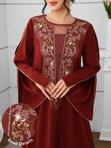 Al Najma Sequin Embellished Slit Sleeve Women's Turkish Maxi Dress & Arabic Traditional Abaya Kaftan Jalabiya Dress - Redwood - View 2