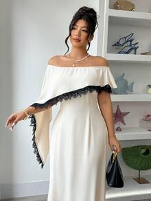 Elenzga 大码女式不对称蕾丝拼接露肩连衣裙，优雅杏色，派对礼服，春夏款 - 杏色 - 查看 3