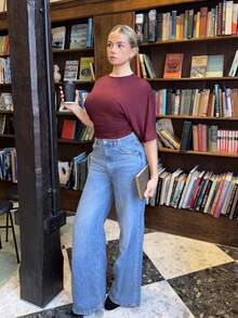 Bethéva Camiseta corta de verano de mujer con mangas de murciélago, plisada y ajustada, de unicolor, de moda casual y urbana - Burdeos - Ver 6