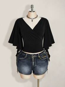 SHEIN ICON Women's Plus Size V-Neck Ruffle Sleeve Black T-Shirt - Black - View 3