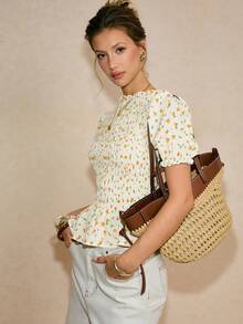 Poéselle Women's Casual Textured Print Short Sleeve Shirt, Summer - Light Yellow - View 7