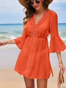 Swim Lushoire 女士夏季沙滩腰带喇叭袖拼接蕾丝优雅度假连衣裙及罩衫 - 橘色 - 查看 4