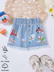 Baby Girls Denim Skirt,Light Blue Summer Casual Graduation,Elastic Waist Ruched Animal Print Button Decor Loose Cotton Skirts For School Party Outing - Light Wash - View 3