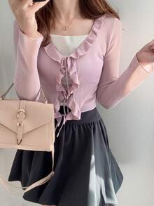 FRIFUL Women's Solid Color Ruffle Trim Layered Slim Fit Lightweight Cardigan, Versatile - Pink - View 6