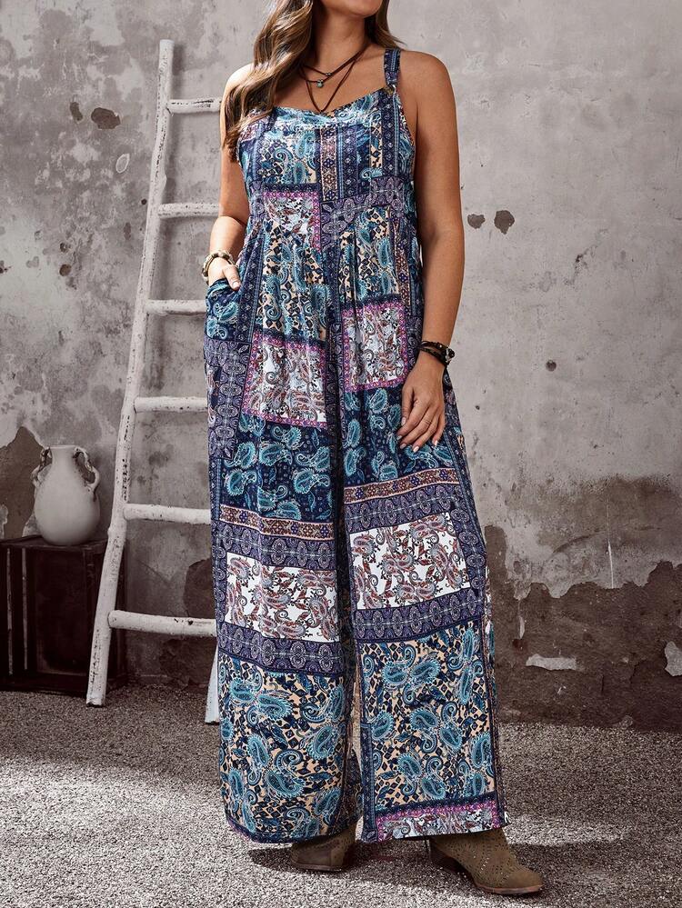 Plus Size Women's Summer Casual Vacation Country Paisley And Floral Print Pocketed Wide Leg Jumpsuit, Relaxed Fit,Summer Clothes,Vacation Outfits Woman / Vacation,Boho Women Clothing,Summer Holiday,Spring Break Outfits ,Vacation Outfits Women ,Holiday Outfits For Women,Going Out Outfits,2026 New Clothes,Simple And Fashionable For Everyday Wear,Suitable For Summer, Vacation, Daily Wear, Boho Jumpsuit For Women, Boho Women's Clothing, Bohemian Clothes For Women,Beach Outfits For Women ,Western Style
