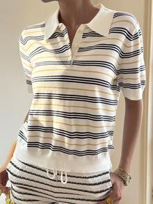 Livesso Women's Casual Striped Button-Up Knit Top - Beige - View 7