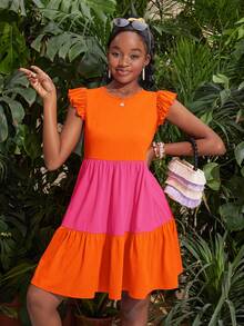 SHEIN 少女针织短袖撞色休闲罩衫连衣裙 - 彩色 - 查看 7