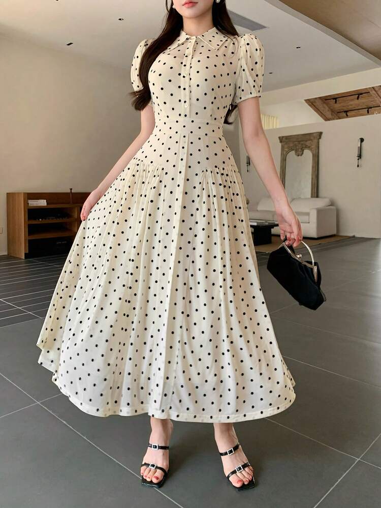 Women's Elegant Polka Dot Lapel Pleated Long Dress Wedding Guest Dress Summer Maxi Dress
