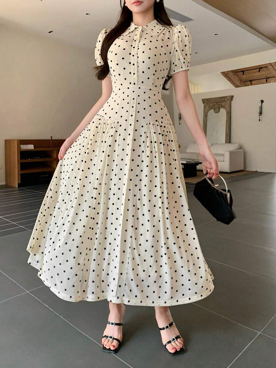 DAZY Women's Elegant Polka Dot Lapel Pleated Long Dress Wedding Guest Dress - Beige - View 1