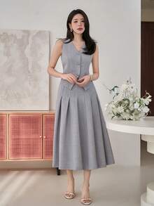 DAZY 女士优雅纯色V领仿口袋褶裥背心和半裙两件套，夏季婚礼宾客礼服 - 藍色 - 查看 5