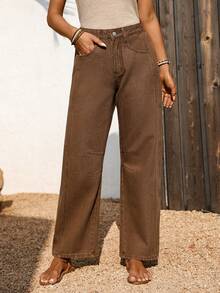 EMERY ROSE Calça jeans feminina casual de corte reto com lavagem vintage - Caqui - Ver 1