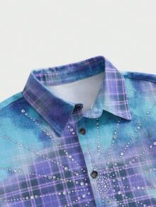 NEON BLANC Men's Rhinestone Print Short Sleeve Denim Shirt - Purple - View 4
