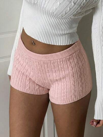 SHEIN EZwear Light Pink Women's Casual Knit Shorts With Super Low Waist, Suitable For Dates And Everyday Wear, Spring/Summer