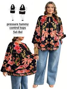 SHEIN CURVE+ Plus Size Vacation Women's Long Sleeved Round Neck Tied Pattern Top, Tropical Pattern Pattern Shirt/2026 /New Year - Multicolor - View 1