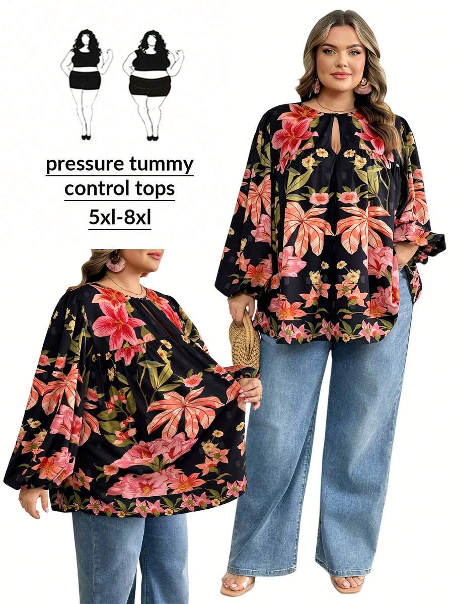 SHEIN CURVE+ Plus Size Vacation Women's Long Sleeved Round Neck Tied Pattern Top, Tropical Pattern Pattern Shirt/2026 /New Year - Multicolor - View 1