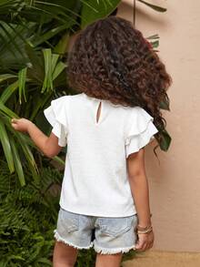 LMoss Kids Young Girl Textured Woven Round Neck Ruched Ruffle Trim Fitted Casual Top, Vacation Style, French Elegance, Suitable For Spring Outing And Holiday - Beige - View 2