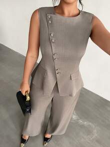 Firerie Women's Elegant Commuting Daily Versatile Street Fashion New Asymmetric Lapel Button Waist Sleeveless Blazer Vest And High Waist Pants Khaki Gray 2-Piece Suit Set, Autumn/Winter - Khaki - View 4