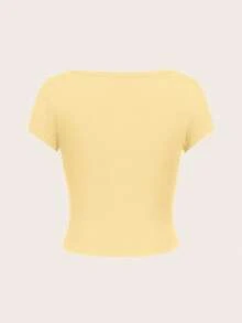 SHEIN EZwear Áo thun nữ màu đen ôm dáng, cổ tròn, tay raglan, phong cách tối giản thường ngày, màu vàng kem. - Màu vàng ngỗng - Xem 3